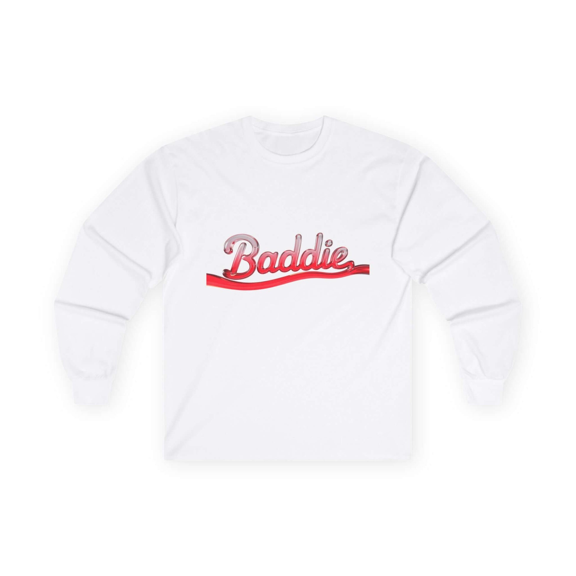 Trendy long sleeve tee featuring liquid-like red text "Baddie" for edgy streetwear style, perfect for casual outfits.