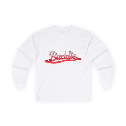 Trendy long sleeve tee featuring liquid-like red text "Baddie" for edgy streetwear style, perfect for casual outfits.