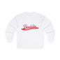 Trendy long sleeve tee featuring liquid-like red text "Baddie" for edgy streetwear style, perfect for casual outfits.