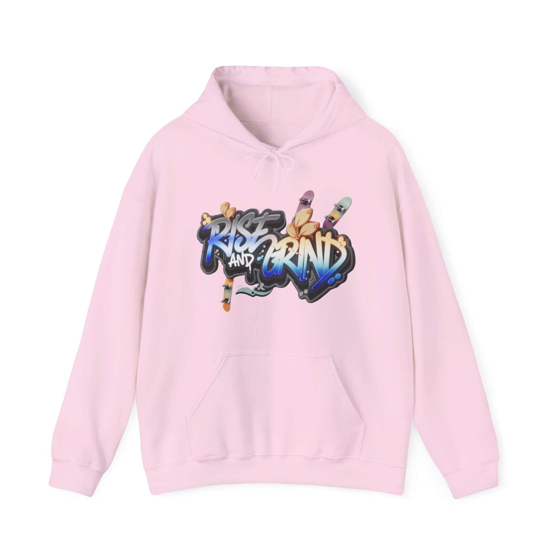 Hooded sweatshirt in pink with graffiti 'Rise and Grind' design, featuring skateboards and urban style.