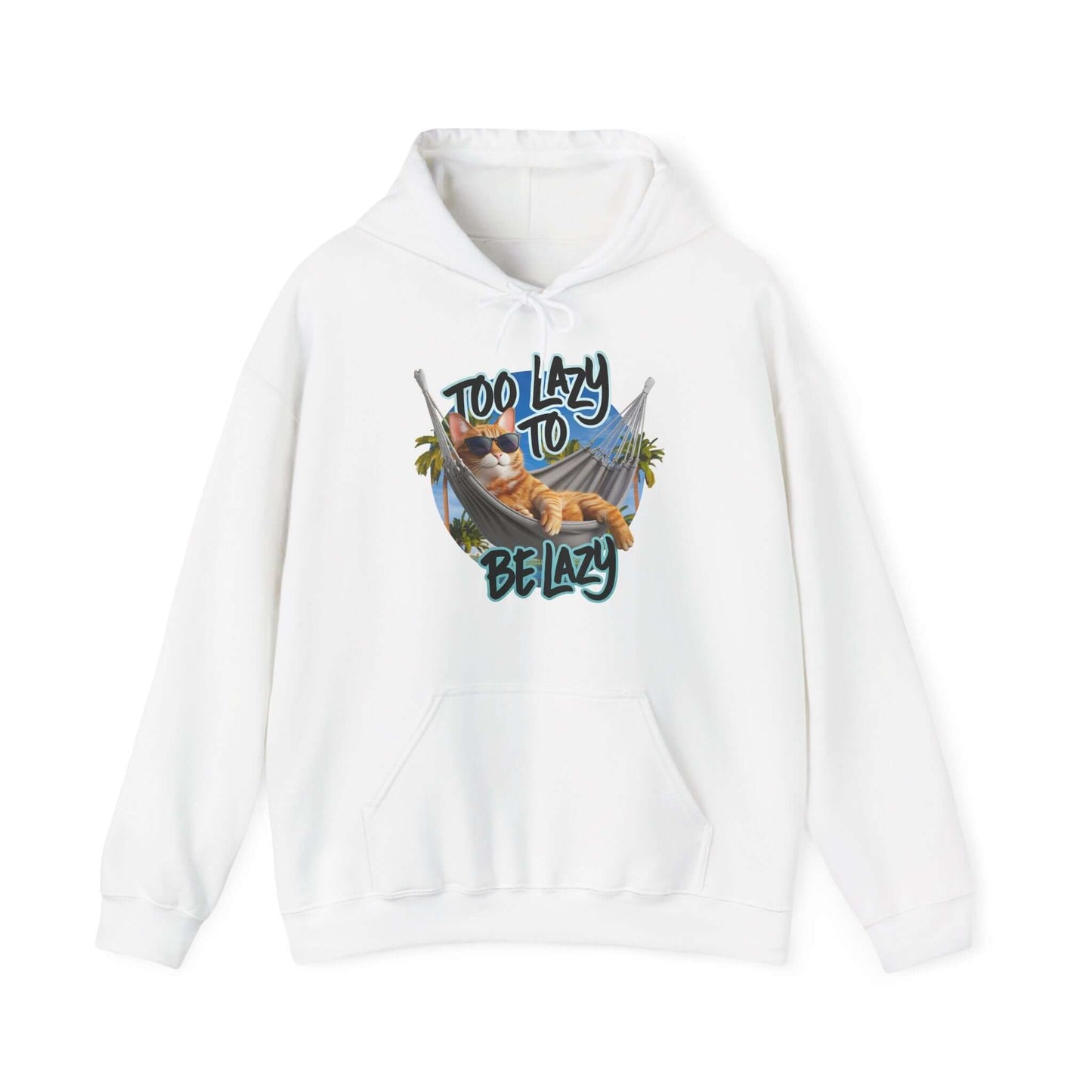 Hoodie with lazy cat at the beach design and 'Too Lazy to Be Lazy' text, perfect for summer vibes and animal lovers.
