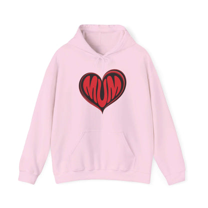 Hooded sweatshirt in pink featuring 'MUM' in red heart design, perfect for Mother's Day and cozy style.