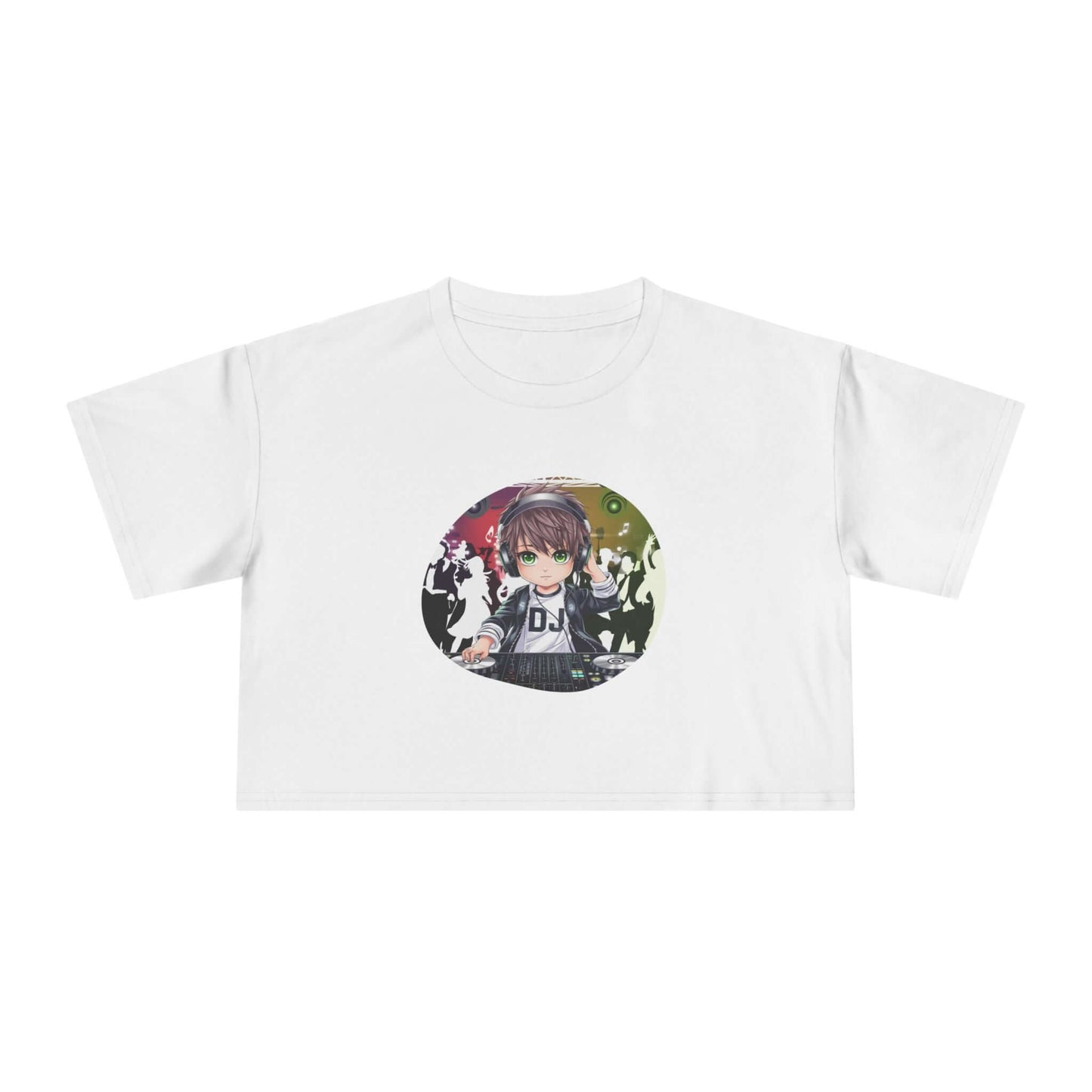 Ladies white crop top featuring a DJ chibi boy playing decks at a colorful party, perfect for music lovers and party-goers.