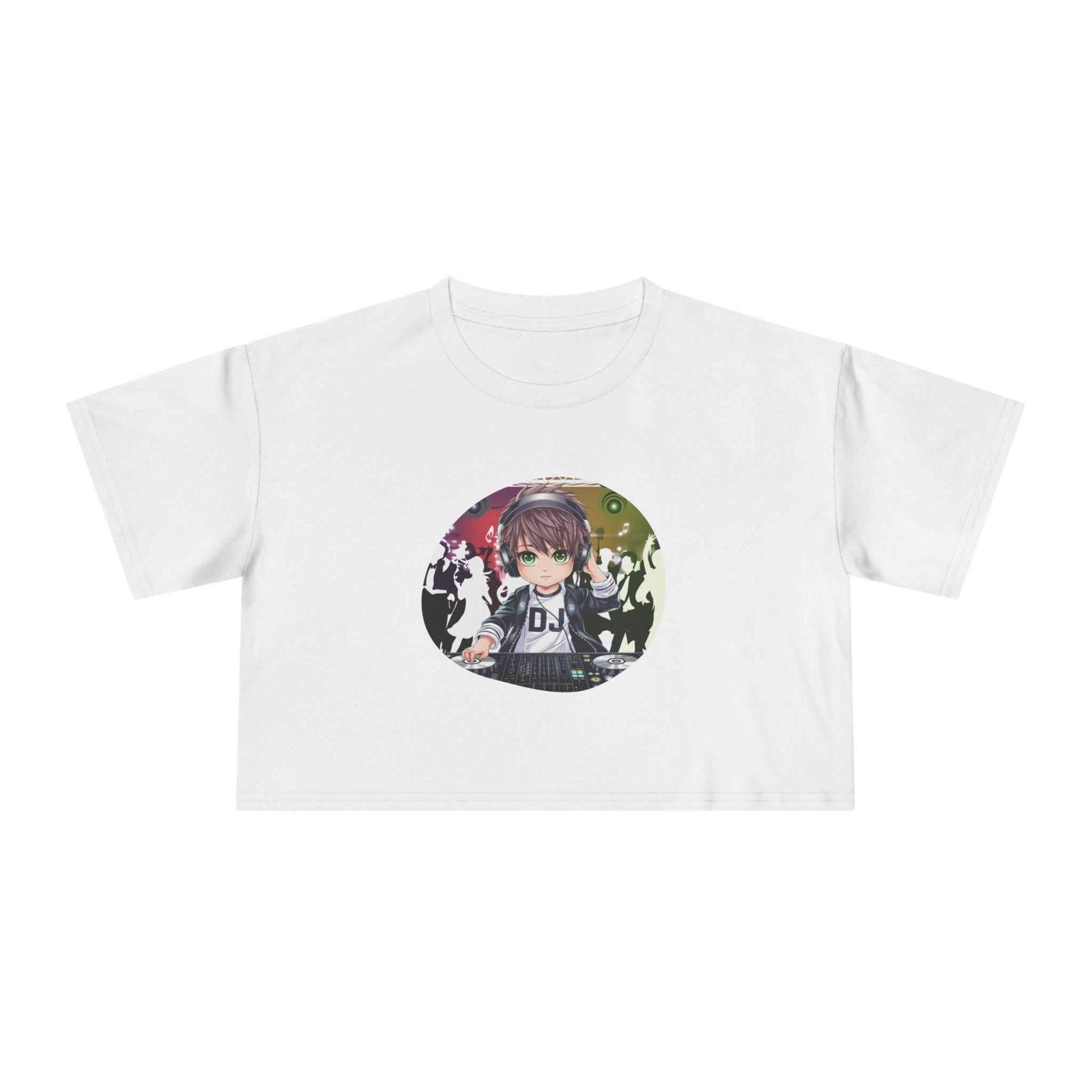 Ladies white crop top featuring a DJ chibi boy playing decks at a colorful party, perfect for music lovers and party-goers.