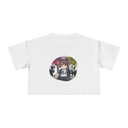 Ladies white crop top featuring a DJ chibi boy playing decks at a colorful party, perfect for music lovers and party-goers.