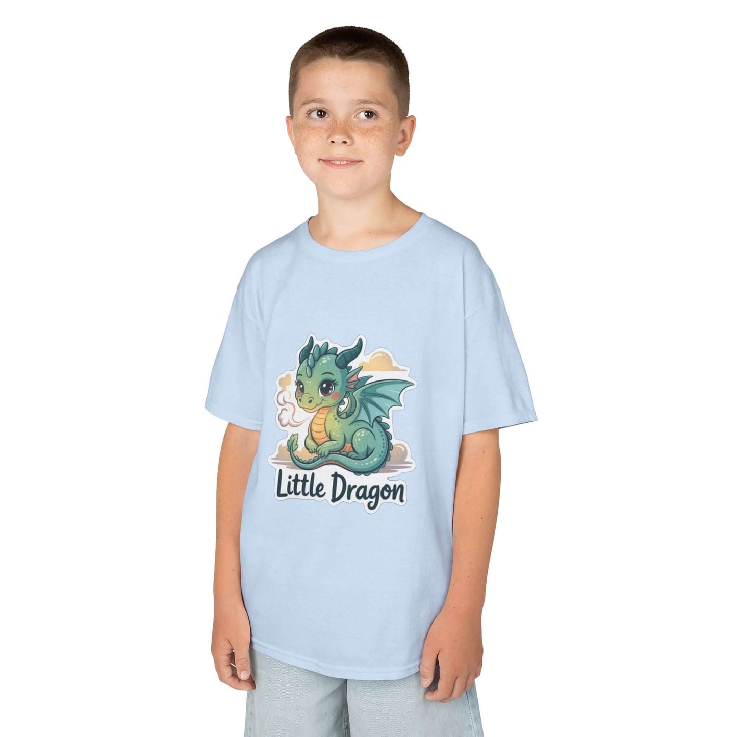 Boy wearing a blue Kids Tee featuring an adorable 'Little Dragon' cartoon character design.