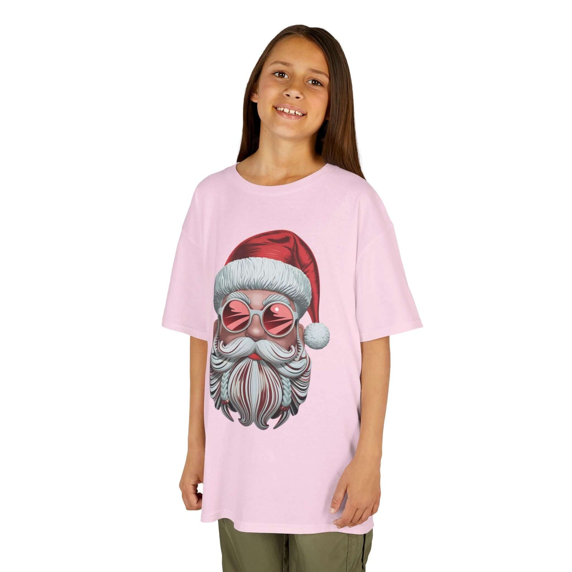 Cool Santa kids T-shirt featuring modern Santa with sunglasses, perfect for festive holiday cheer.