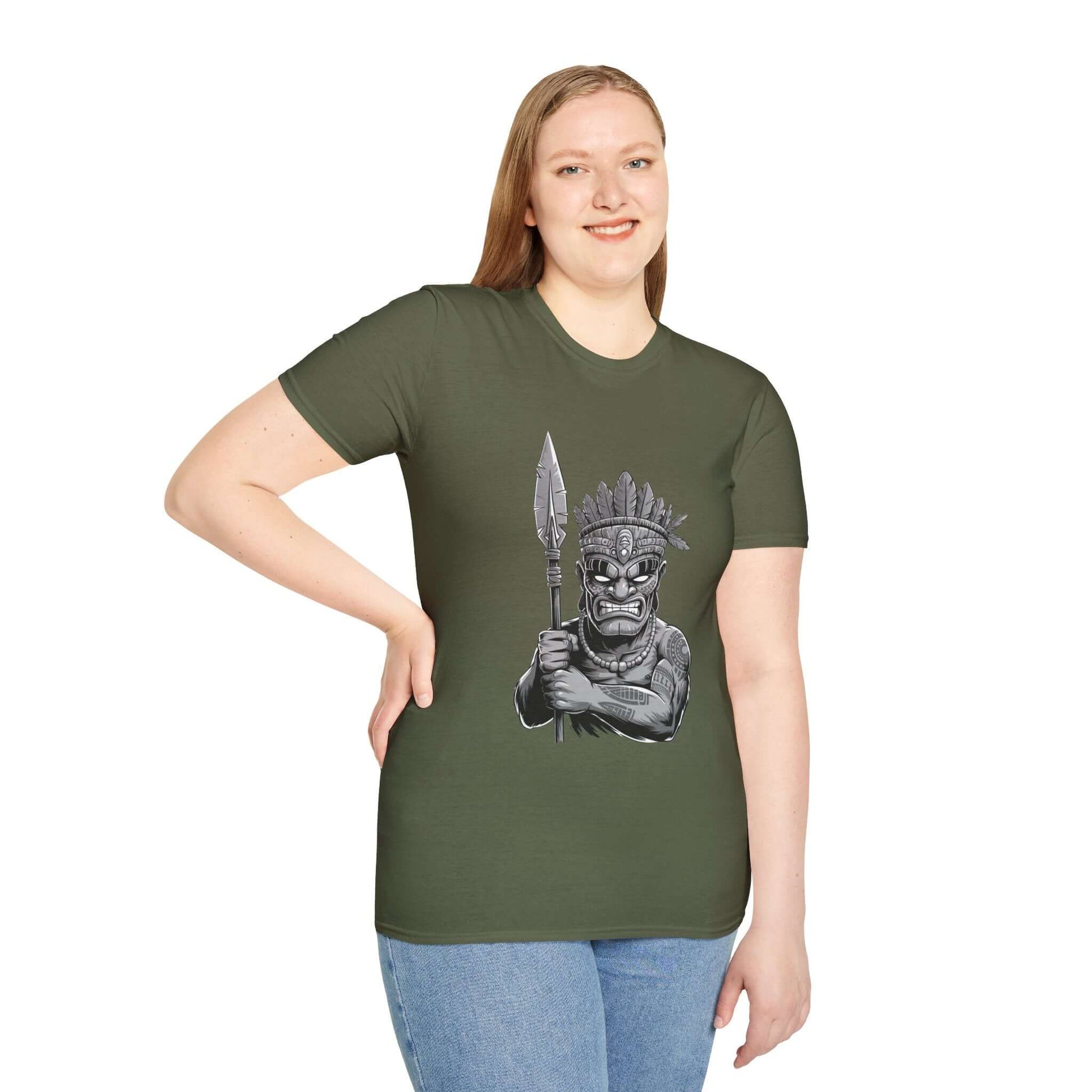 Tiki character unisex T-shirt featuring spear design, stylish addition for unique fashion lovers.