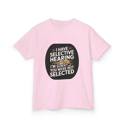 Kids tee featuring a sleeping cat and the quote 'I have selective hearing I'm sorry you were not selected', perfect for cat lovers.