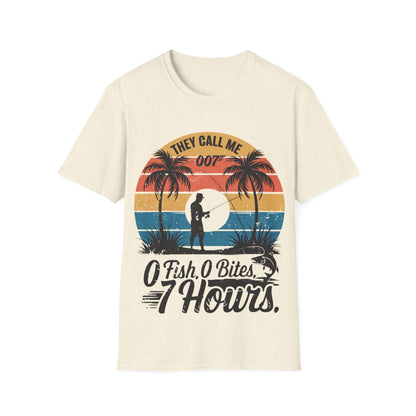 Retro funny fishing quote shirt featuring 'They call me 007 0 Fish 0 Bites 7 Hours' with a beach design.