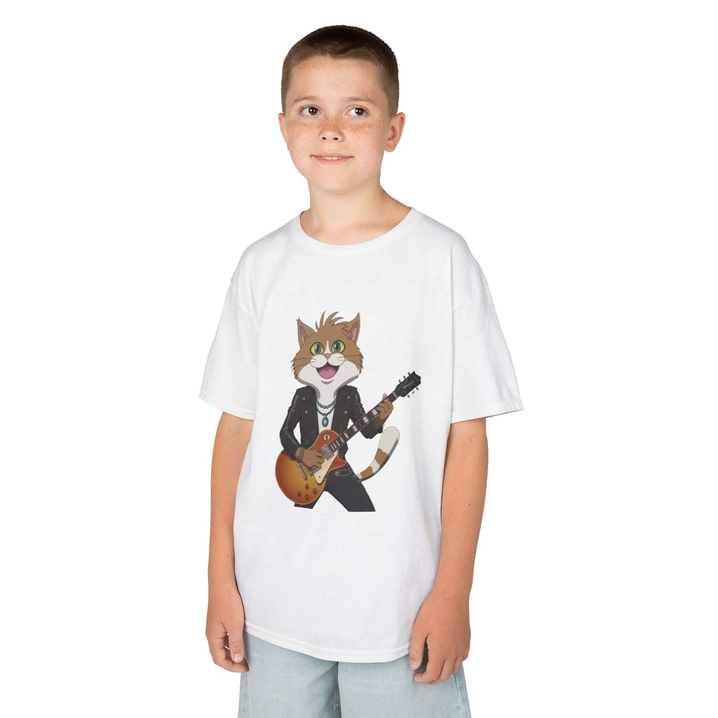 Kid's Tee featuring a cute rock and roll cat playing guitar, perfect for music and cat lovers.