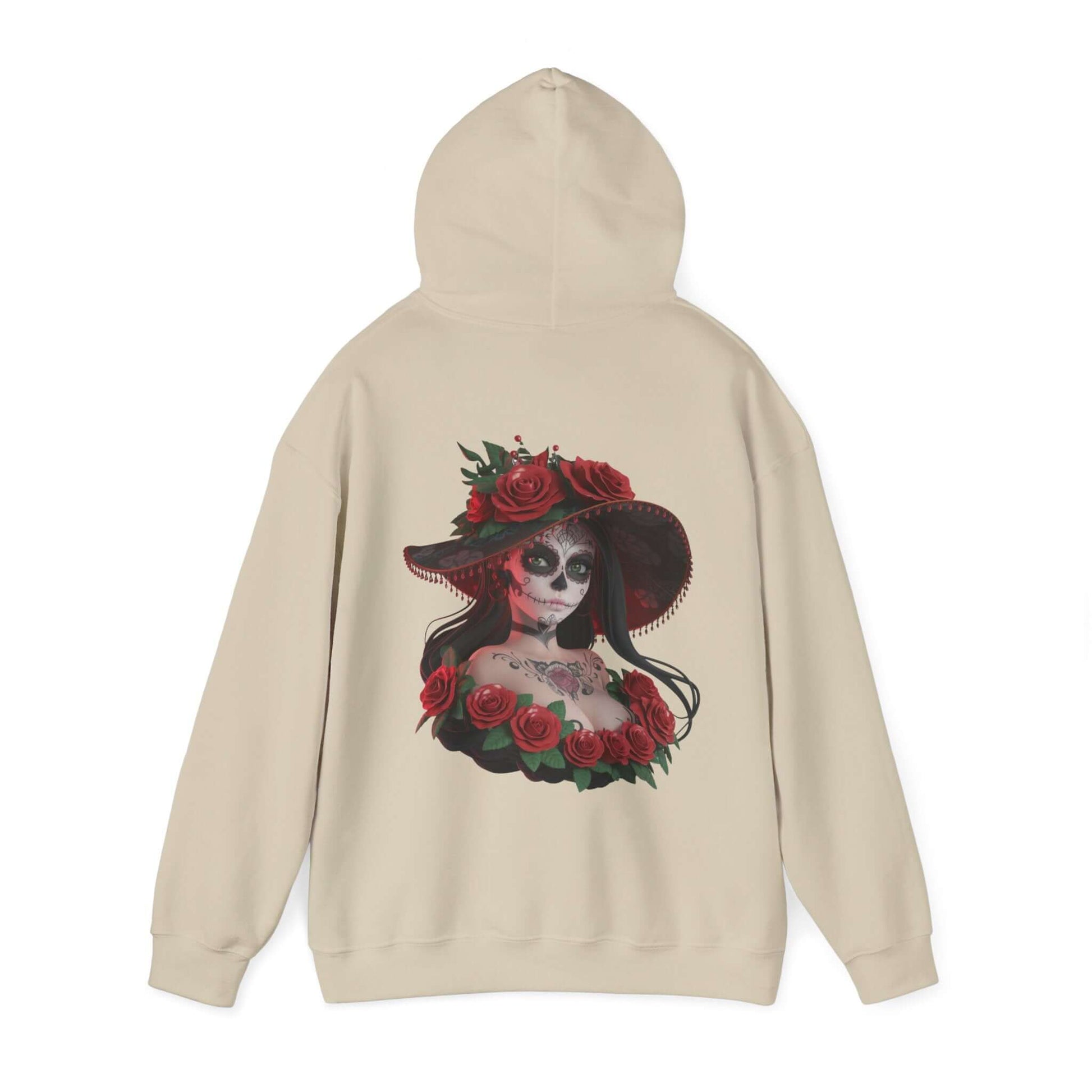 Chibi style woman with sugar skull makeup and roses on a hoodie, perfect for Halloween and Day of the Dead festivities.