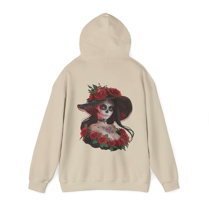 Chibi style woman with sugar skull makeup and roses on a hoodie, perfect for Halloween and Day of the Dead festivities.