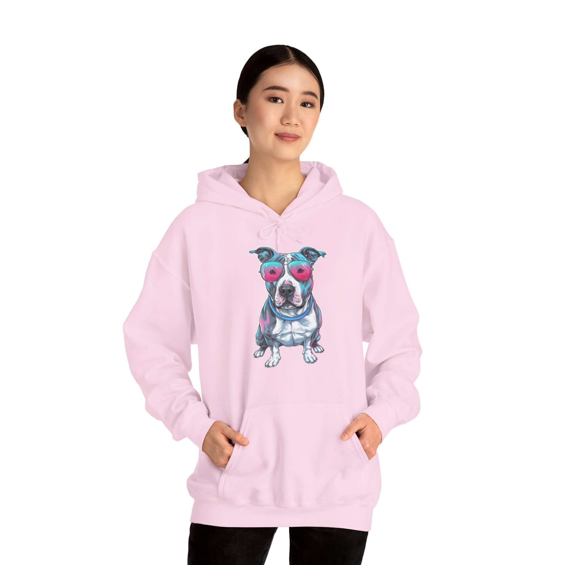 Unisex pink hoodie featuring a pit bull wearing pink sunglasses with a synth-wave design.