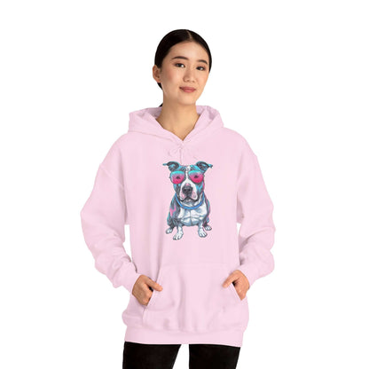 Unisex pink hoodie featuring a pit bull wearing pink sunglasses with a synth-wave design.