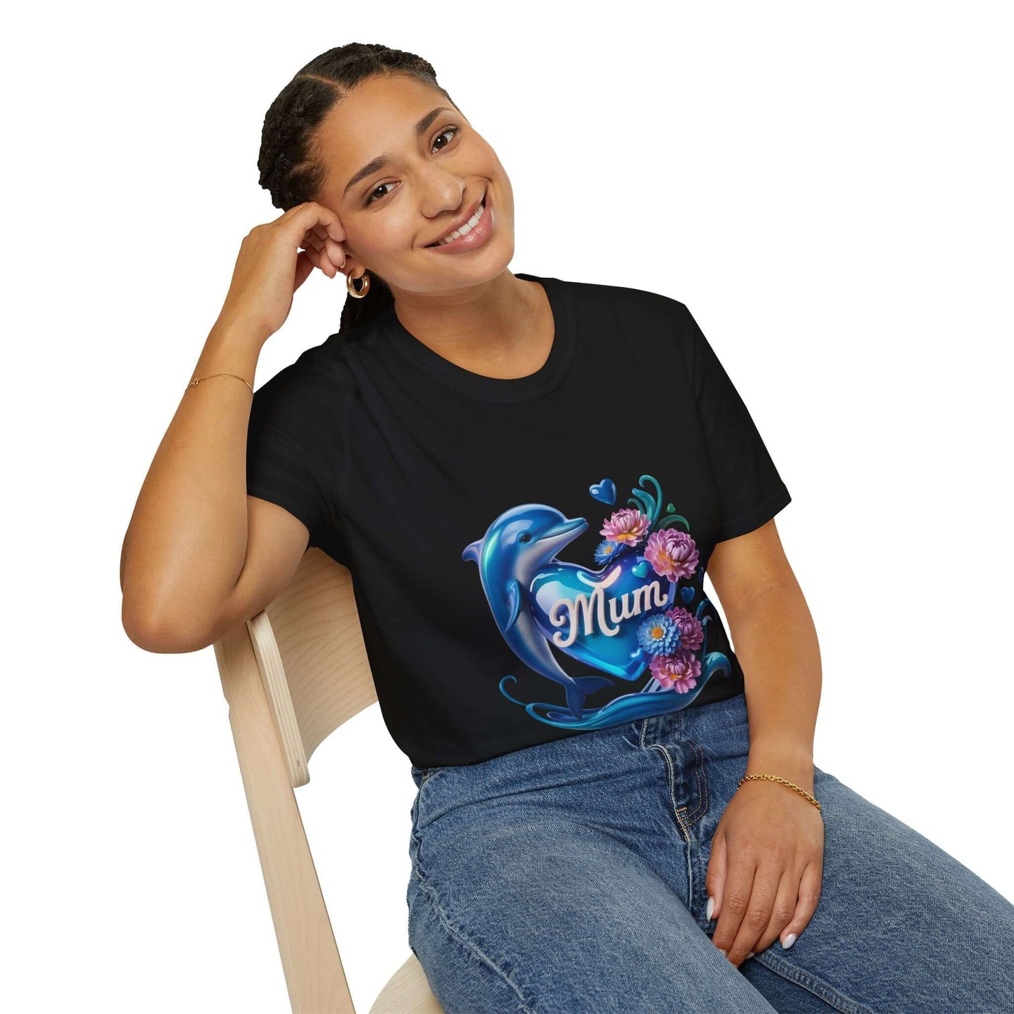 Black T-shirt featuring a dolphin holding a heart with 'mum' text and flowers, perfect for Mother's Day.