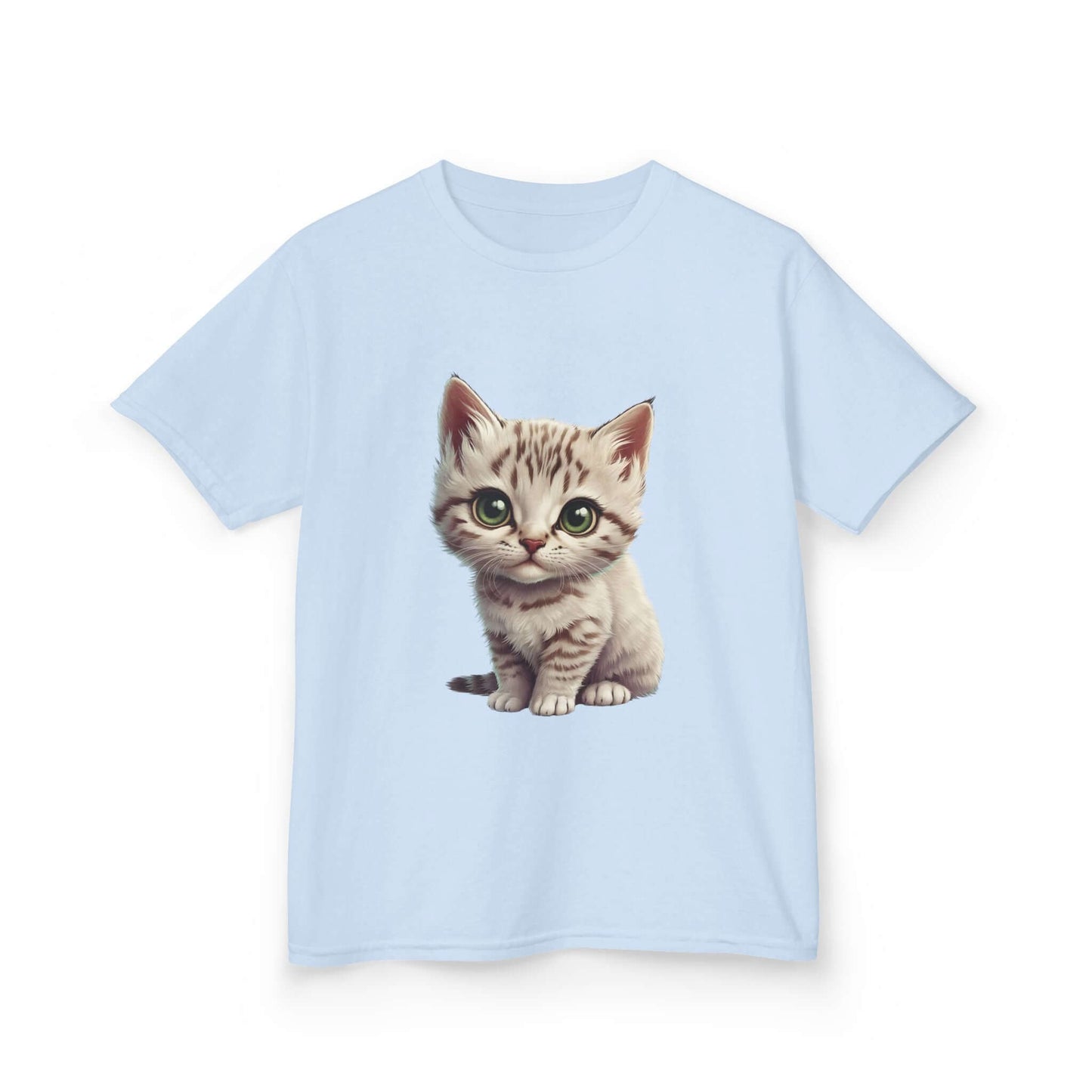 Cute light blue kid's T-shirt with adorable white kitten graphic design for children, perfect for cat lovers.