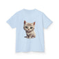 Cute light blue kid's T-shirt with adorable white kitten graphic design for children, perfect for cat lovers.