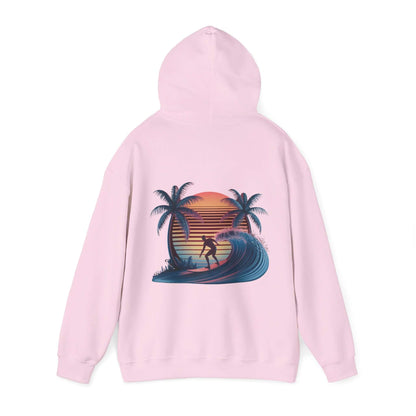 Hooded jumper featuring sunset surfer riding a wave design with palm trees and synth-wave effect.