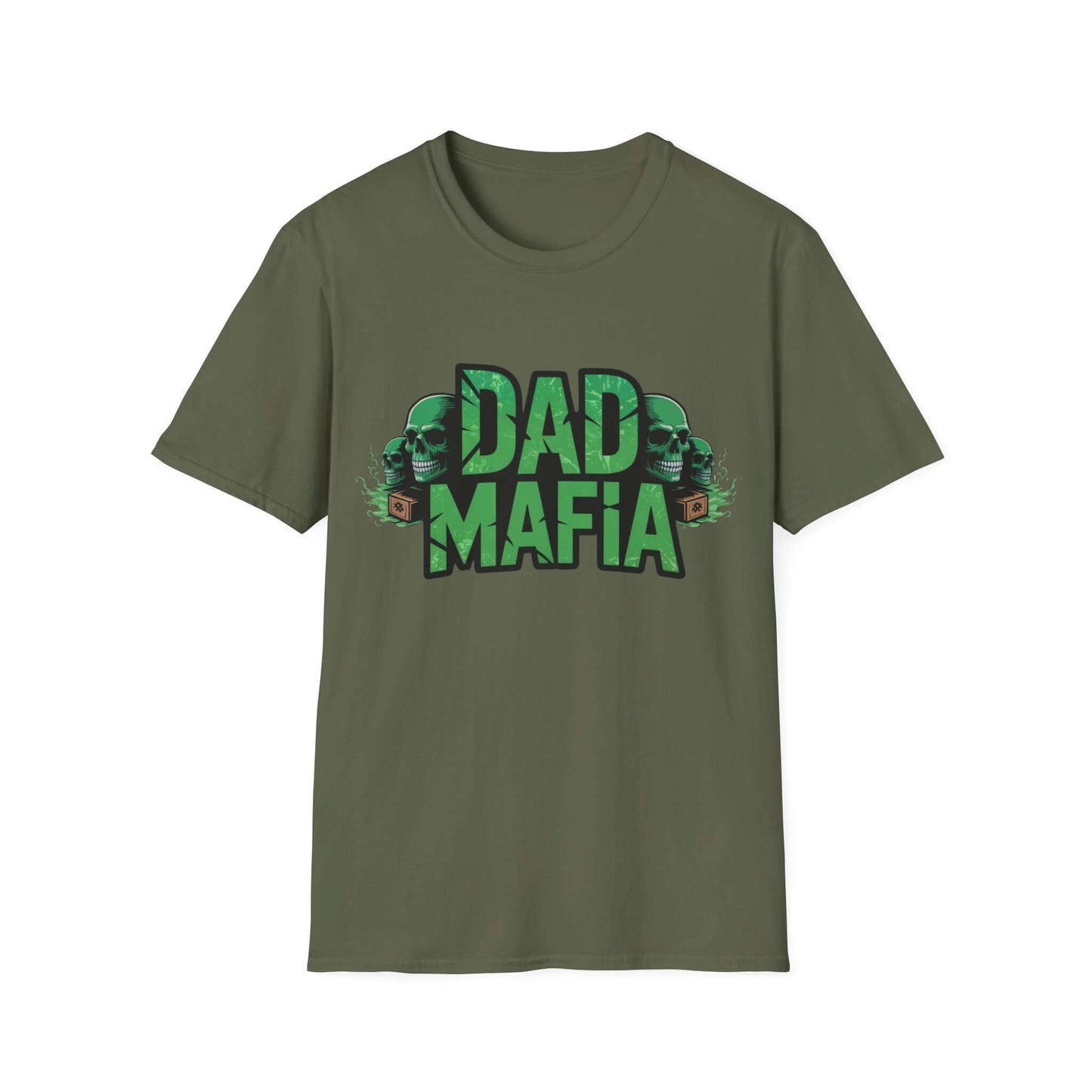 DAD MAFIA unisex T-Shirt in olive green featuring neon green skulls and lettering, perfect for casual occasions.