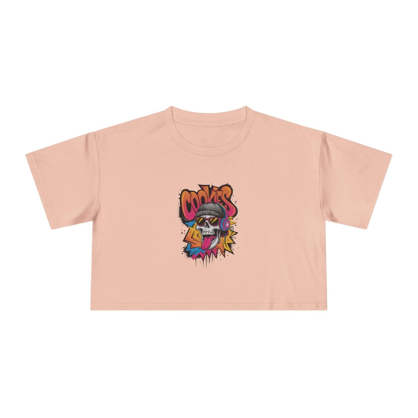 Crop Tee featuring a graffiti style skull with 'Cookies' text, showcasing a colorful, trendy design for streetwear fashion.
