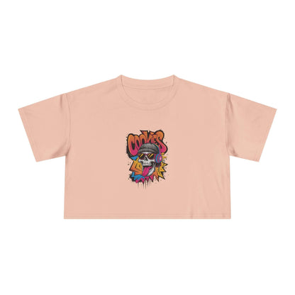 Crop Tee featuring a graffiti style skull with 'Cookies' text, showcasing a colorful, trendy design for streetwear fashion.