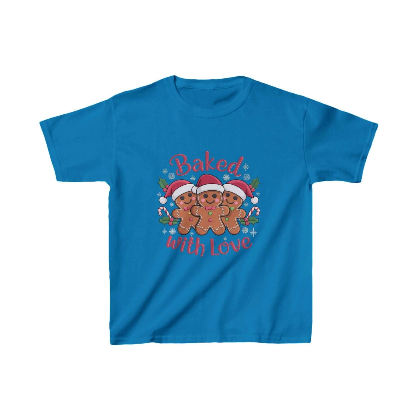 Kids T-shirt in blue featuring gingerbread men and 'Baked with Love' typography, perfect for Christmas fun.