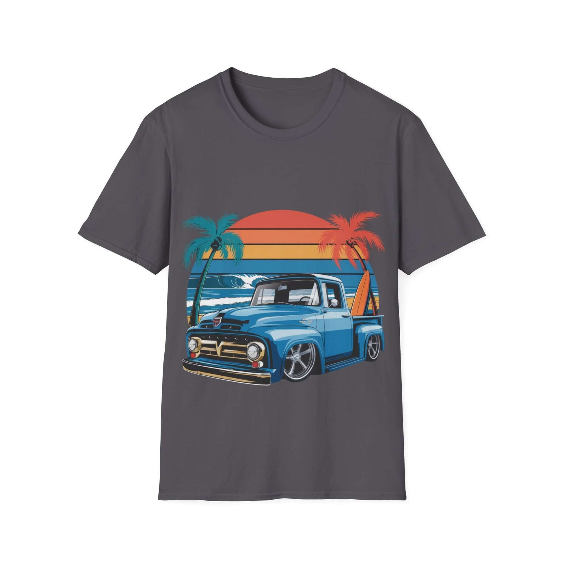 T-Shirt with custom vintage pickup truck design and sunset beach background, perfect for car lovers.