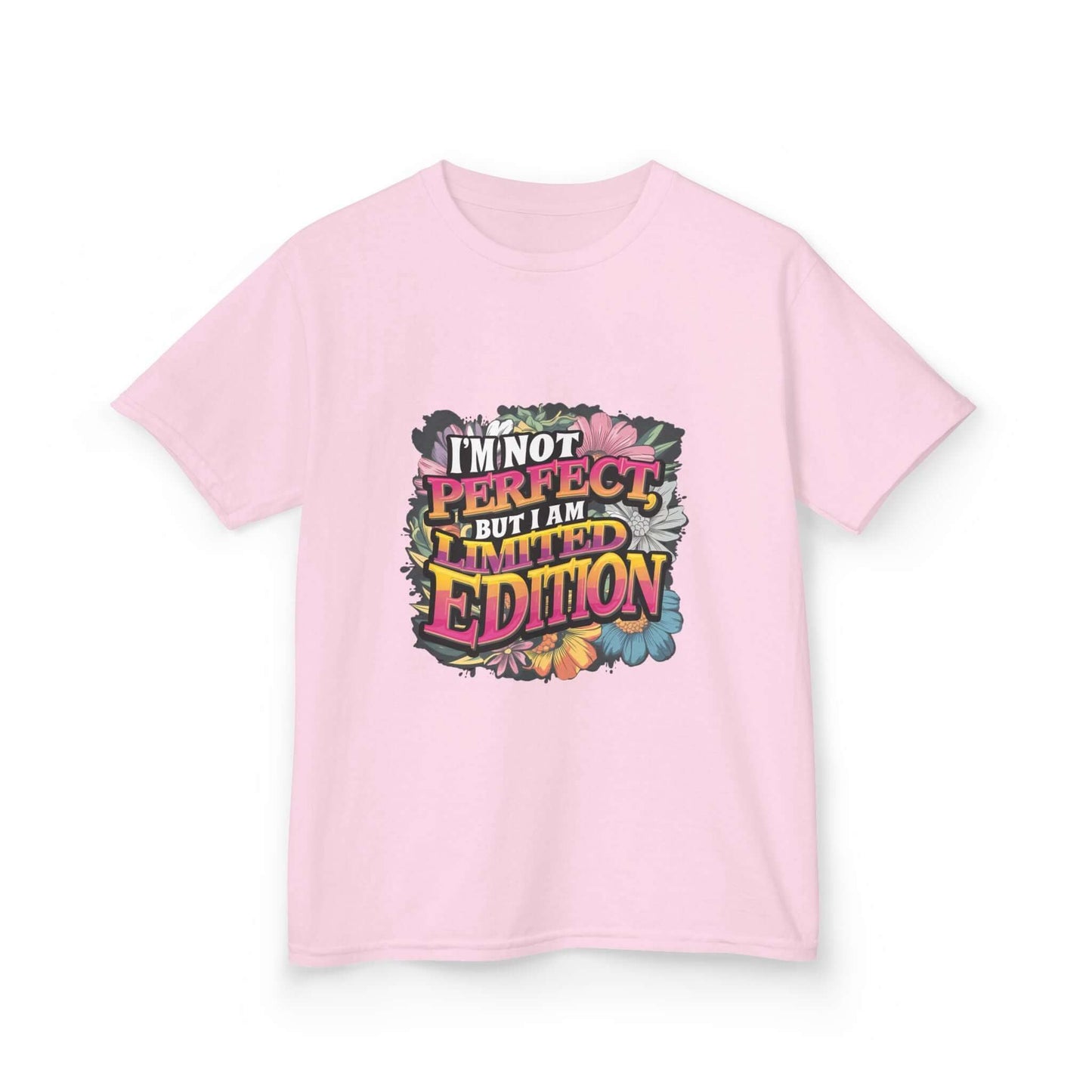 Kids tee with funny quote 'I'm not perfect but I am limited edition' on a floral background, perfect for casual wear.