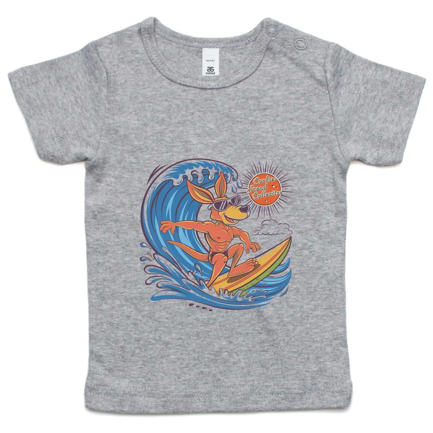 AS Colour infant tee with cool kangaroo surfing a wave design, ideal for beach lovers and summer vibes.