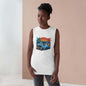 Tank top with custom vintage pickup truck design and sunset beach background, perfect for car lovers.