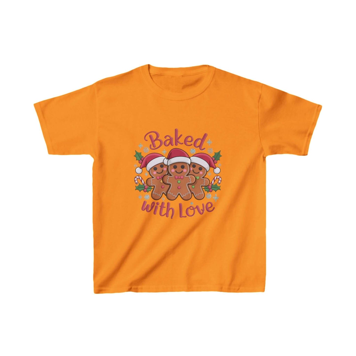 Kids T-shirt featuring gingerbread men and 'Baked with Love' typography, perfect for Christmas festivities.