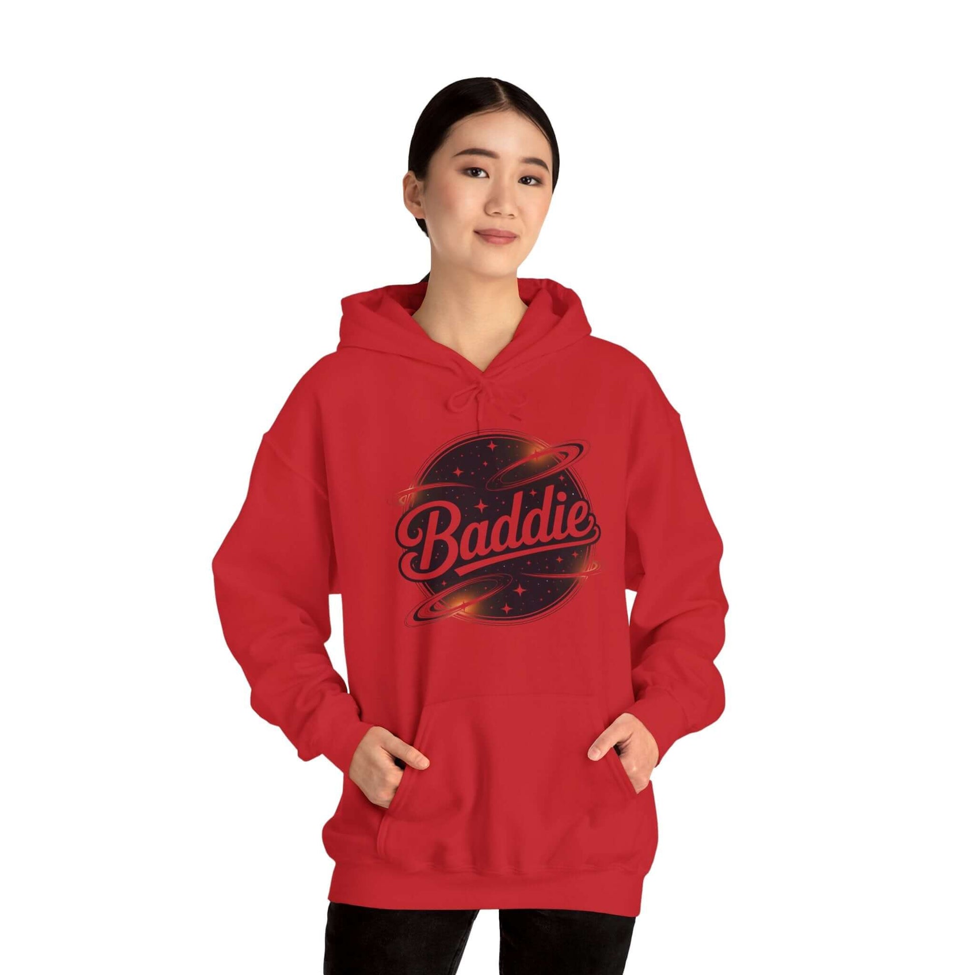 Red hoodie featuring 'Baddie' universe design with retro vibe and spacious kangaroo pouch pocket.