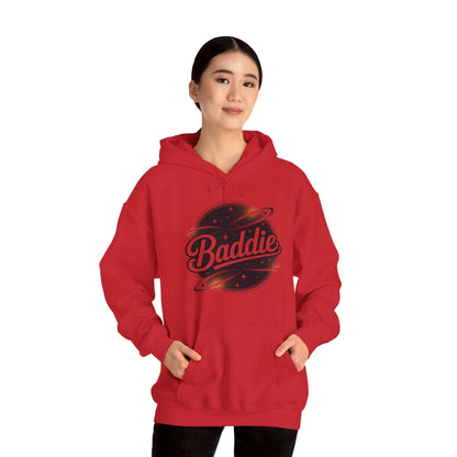 Red hoodie featuring 'Baddie' universe design with retro vibe and spacious kangaroo pouch pocket.