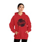 Red hoodie featuring 'Baddie' universe design with retro vibe and spacious kangaroo pouch pocket.