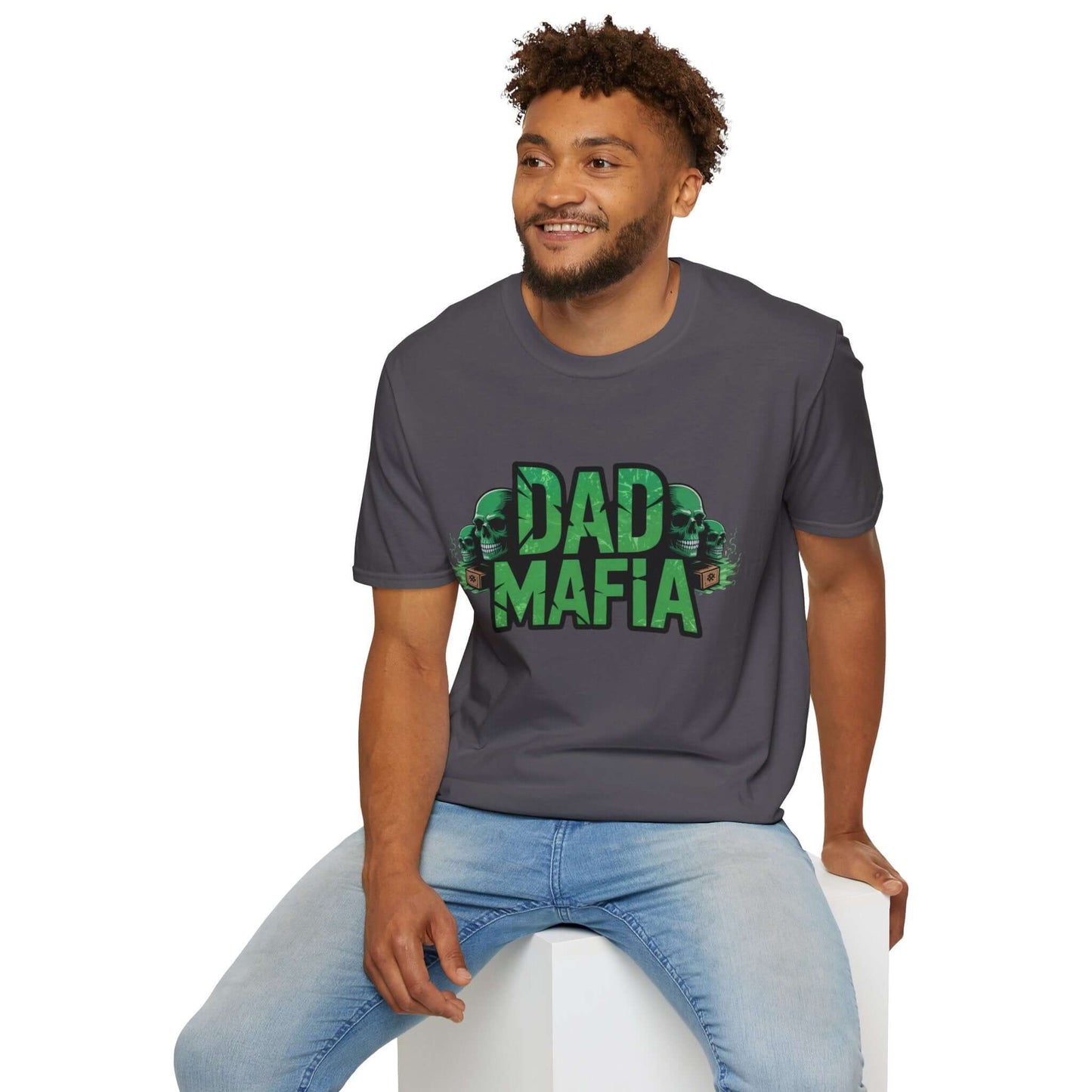 Model wearing DAD MAFIA unisex T-shirt with distressed black lettering and neon green accents.
