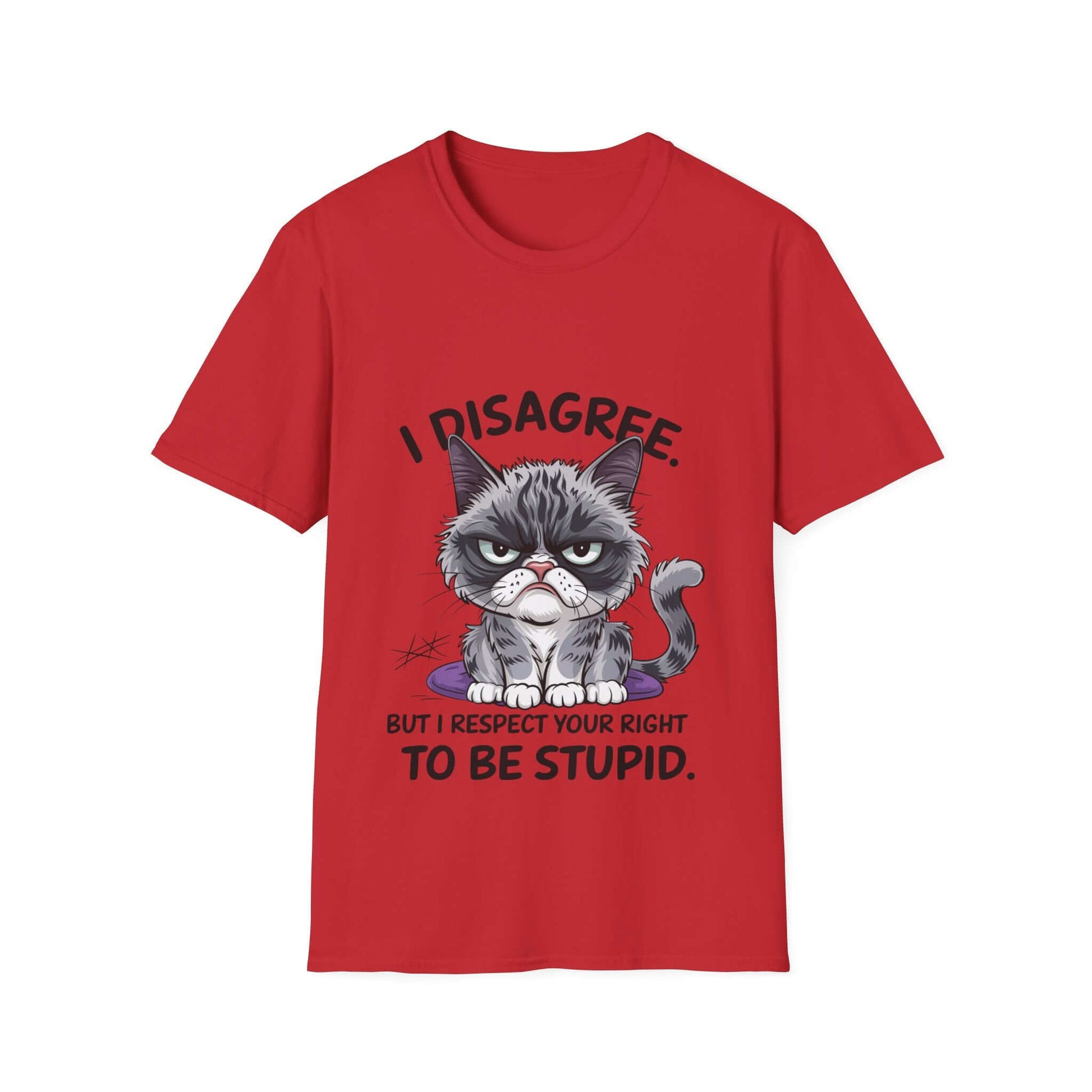 Grumpy cat graphic tee in red with funny quote 'I disagree but I respect your right to be stupid' for casual wear.