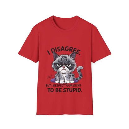 Grumpy cat graphic tee in red with funny quote 'I disagree but I respect your right to be stupid' for casual wear.