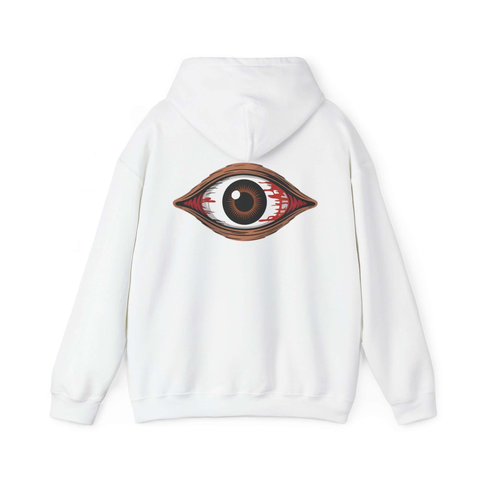 Back view of a white hoodie featuring a spooky bloody brown eye design, perfect for music festivals and Halloween.