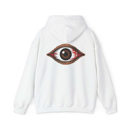 Back view of a white hoodie featuring a spooky bloody brown eye design, perfect for music festivals and Halloween.