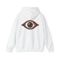 Back view of a white hoodie featuring a spooky bloody brown eye design, perfect for music festivals and Halloween.