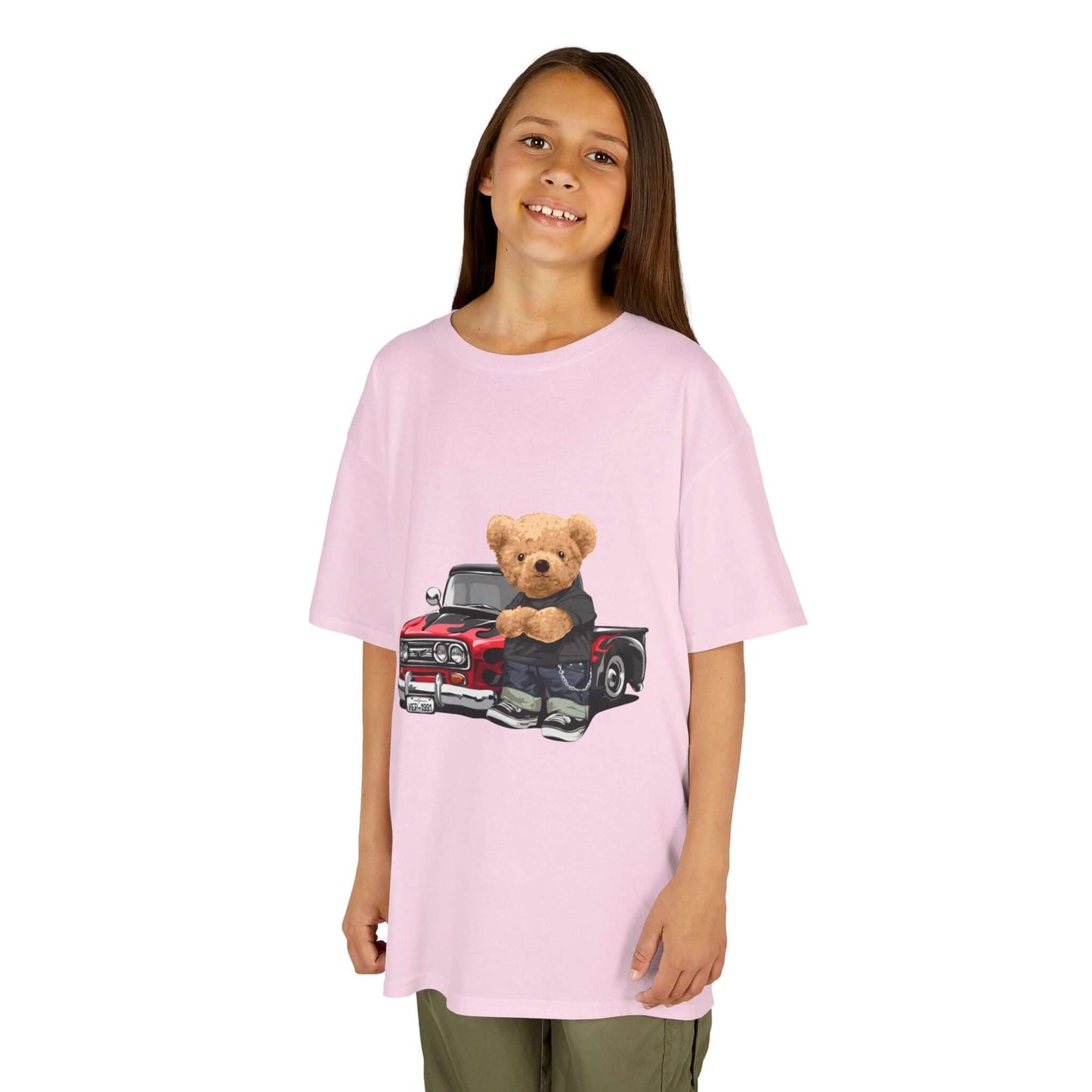 Light Pink cute kid's tee featuring an adorable teddy bear with a vintage pickup truck design, perfect for car lovers.