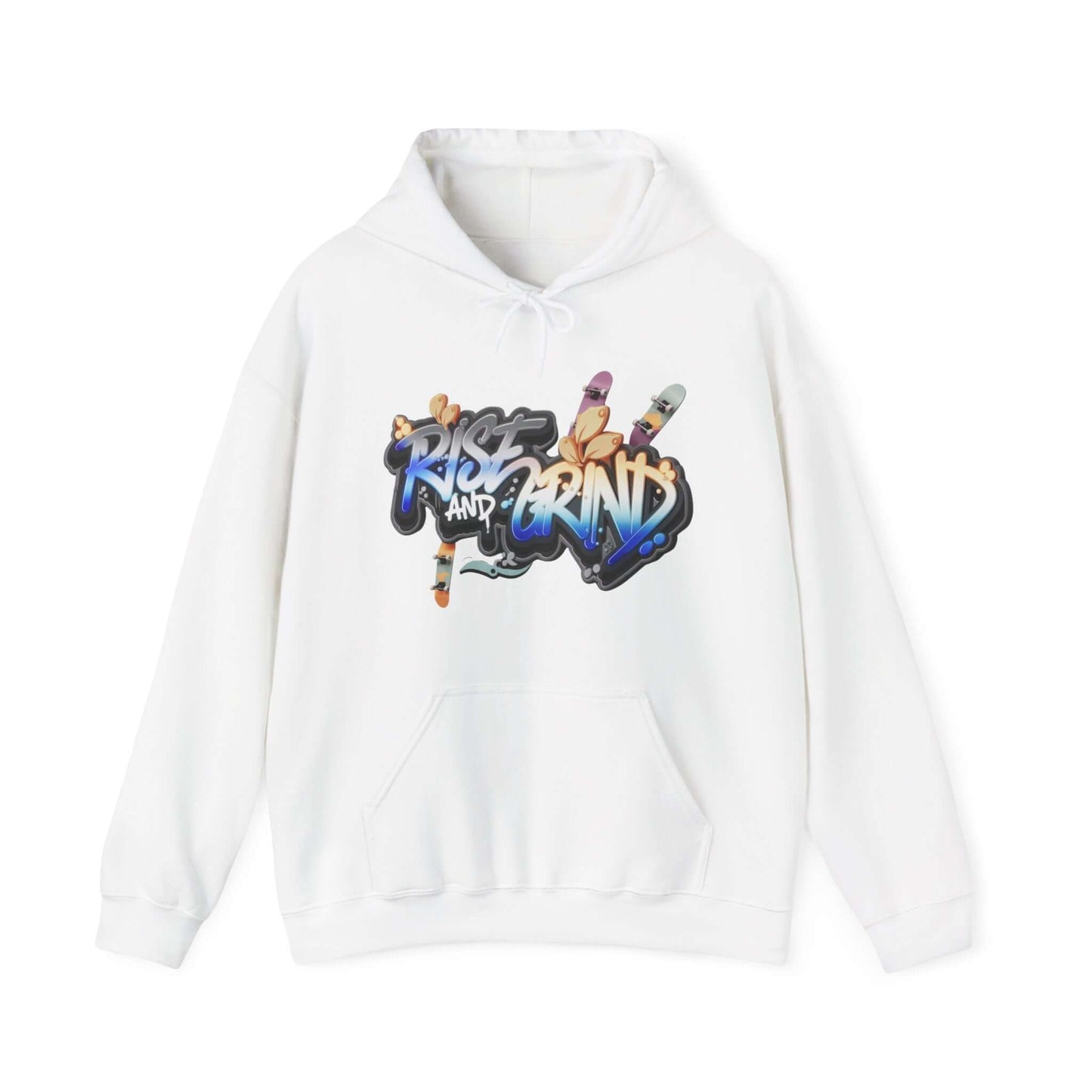 Unisex white hoodie with graffiti design 'Rise and Grind', featuring skateboards and an urban vibe.