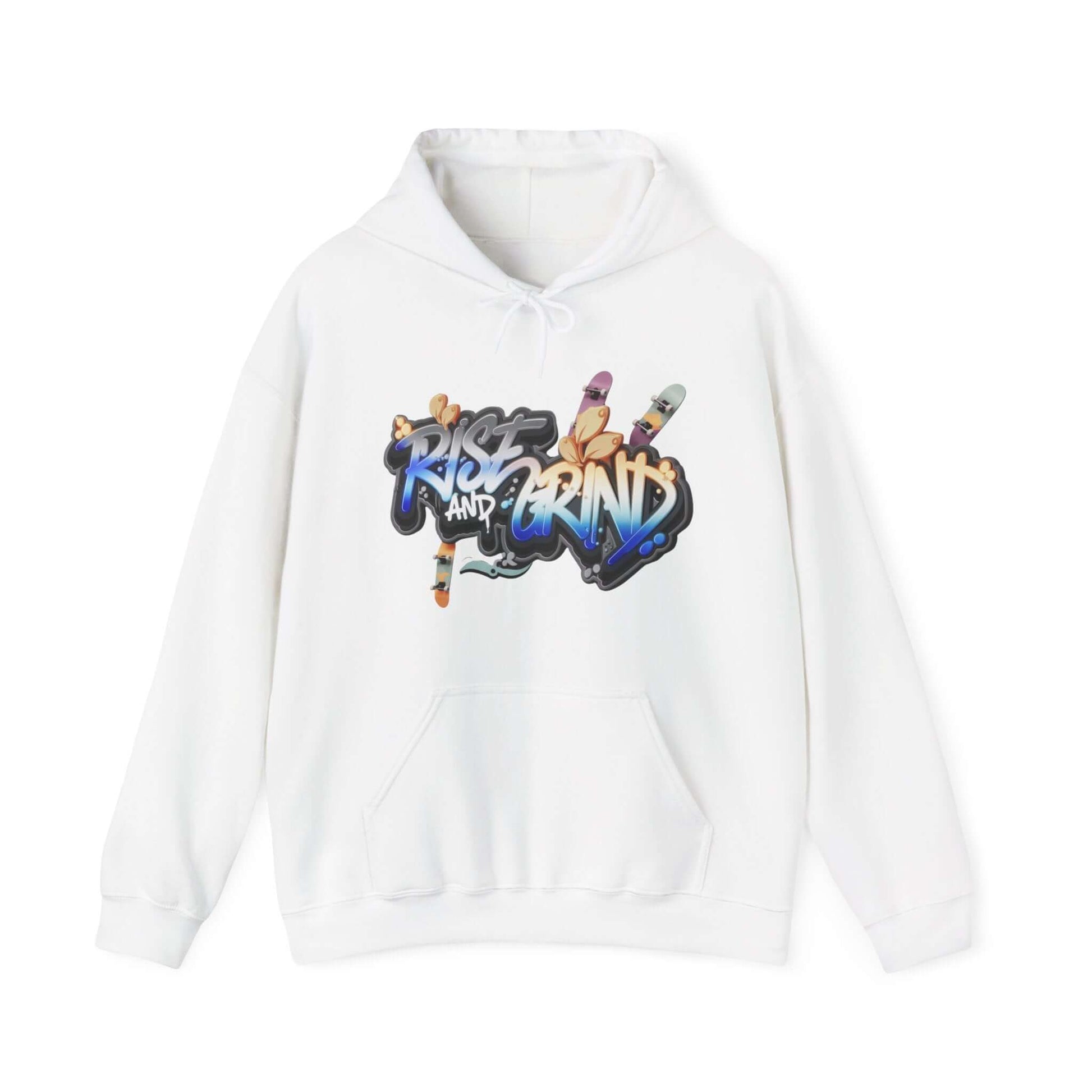 Unisex white hoodie with graffiti design 'Rise and Grind', featuring skateboards and an urban vibe.