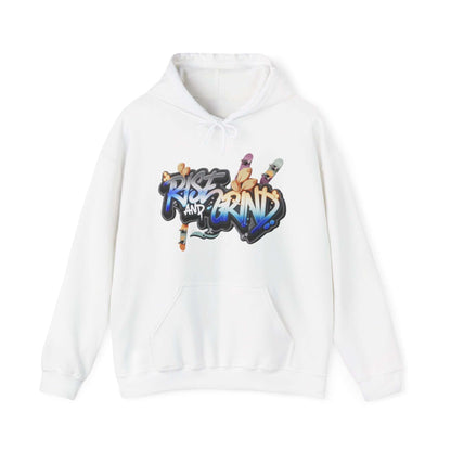 Unisex white hoodie with graffiti design 'Rise and Grind', featuring skateboards and an urban vibe.