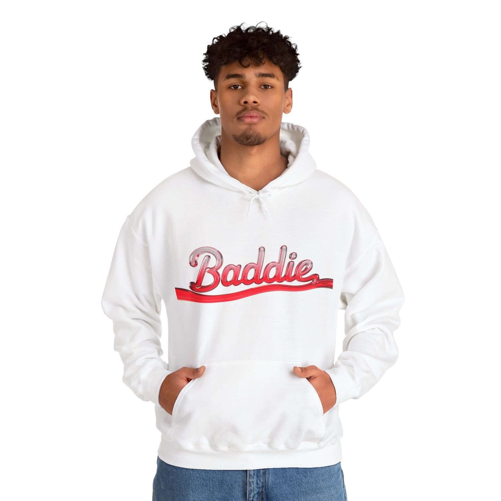 White hoodie featuring 'Baddie' in red liquid-like typography design, perfect for trendy streetwear style.