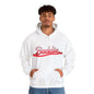 White hoodie featuring 'Baddie' in red liquid-like typography design, perfect for trendy streetwear style.