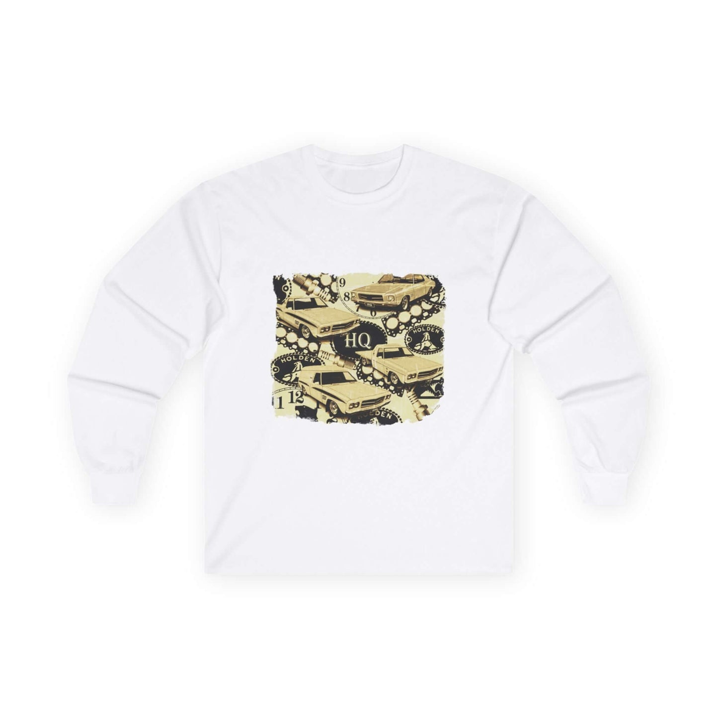Vintage Holden cars long sleeve shirt featuring a retro 70's design of HQ Monaro, Panel Van, Ute, and One Tonner.