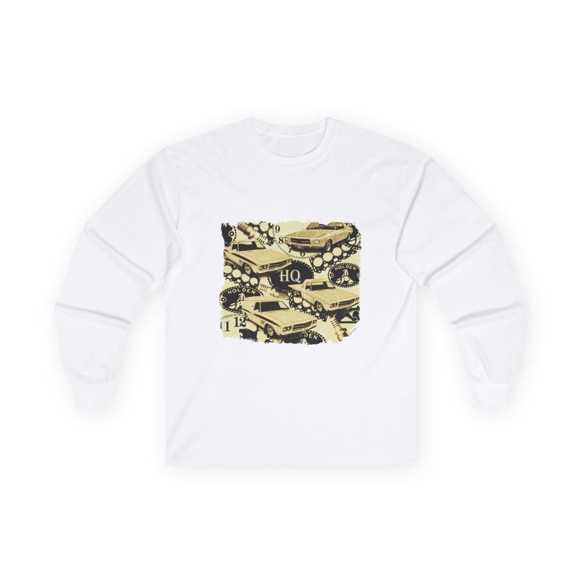 Vintage Holden cars long sleeve shirt featuring a retro 70's design of HQ Monaro, Panel Van, Ute, and One Tonner.