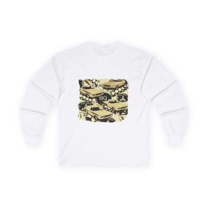 Vintage Holden cars long sleeve shirt featuring a retro 70's design of HQ Monaro, Panel Van, Ute, and One Tonner.